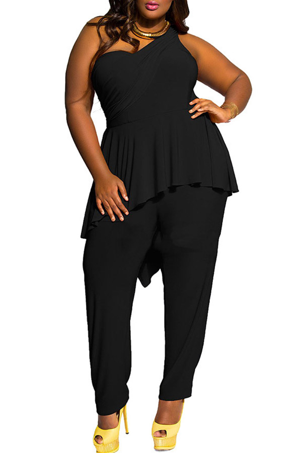 

Lovely Work Ruffle Design Skinny Plus Size Black One-piece Jumpsuit