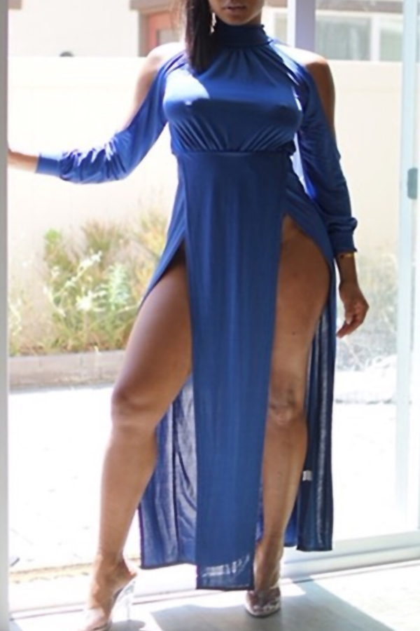 

Lovely Sexy Side High Slit Blue Ankle Length Dress