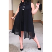 Lovely Casual Patchwork Black Chiffon Knee Length 
