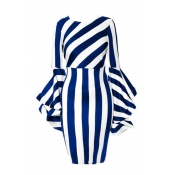 Lovely Trendy Trumpet Sleeves Striped Blue Knee Le