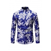 Lovely Casual Floral Printed Blue Cotton Shirts