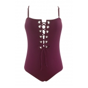 Lovely Sexy Lace-up Wine Red One-piece Swimwears
