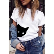 Lovely Casual Cat Printed White Cotton T-shirt
