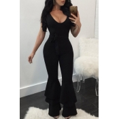 Lovely Casual Ruffle Design Black One-piece Jumpsu