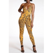 Lovely Sexy Leopard Printed Yellow One-piece Jumps