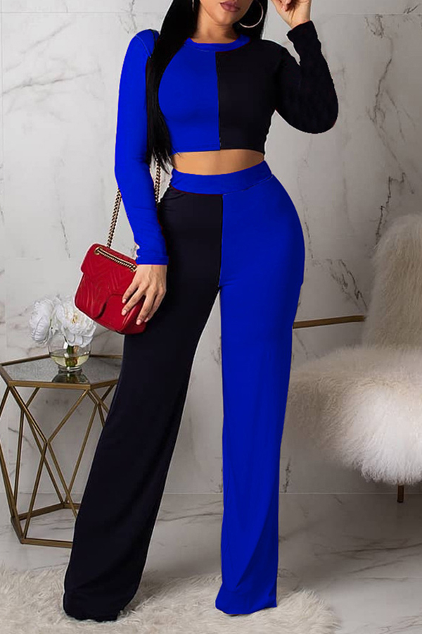 

Lovely Work Patchwork Blue Knitting Two-piece Pants Set