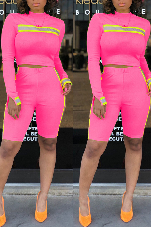 

Lovely Trendy Patchwork Pink Cotton Two-piece Shorts Set