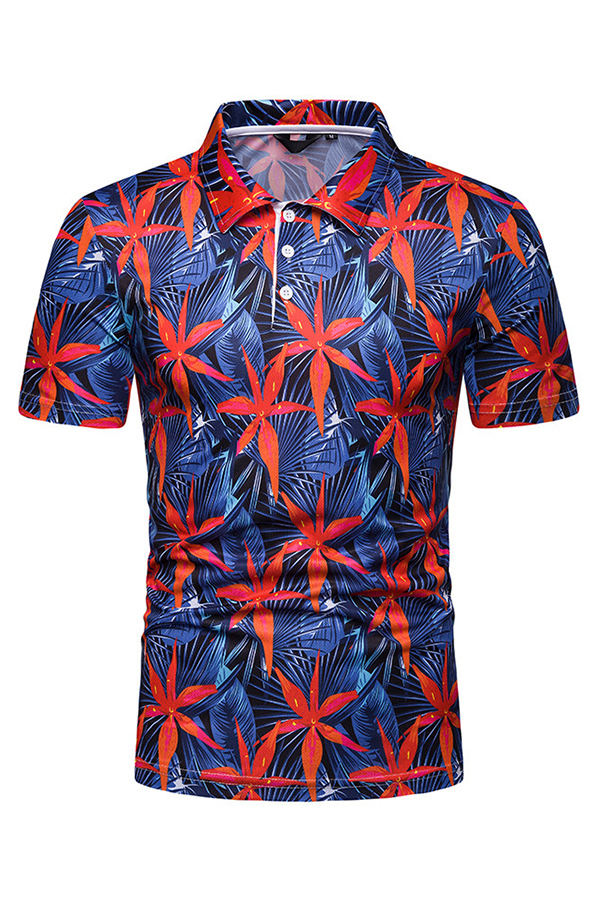 

Men Lovely Bohemian Floral Printed Deep Blue Polo Shirts