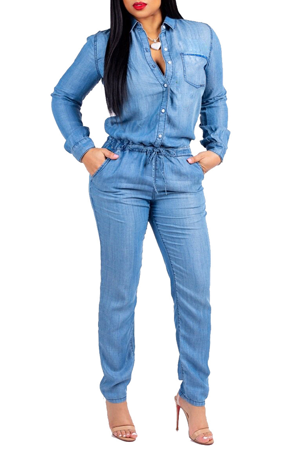 

Lovely Fashion Buttons Design Blue Denim One-piece Jumpsuit