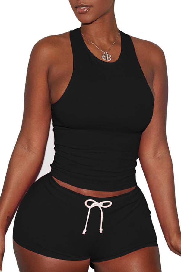 

Lovely Sportswear Drawstring Black Two-piece Shorts Set