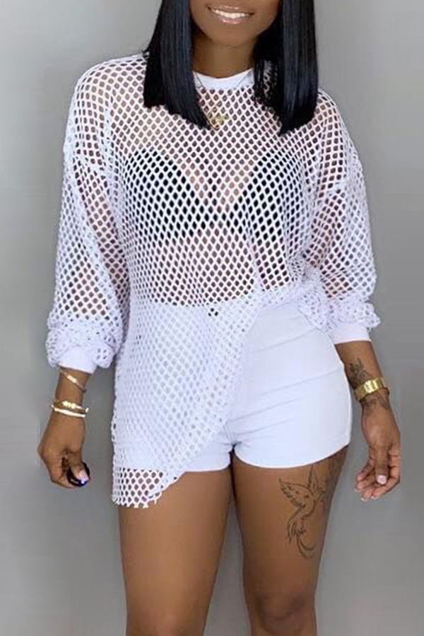 

Lovely Casual Hollowed-out White Blouses