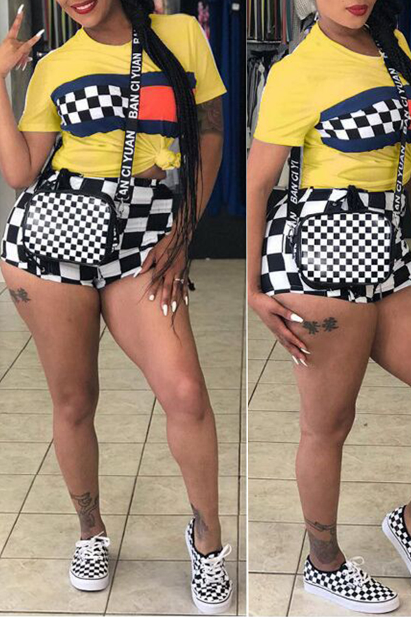 

Lovely Casual Plaid Printed Yellow Two-piece Shorts Set