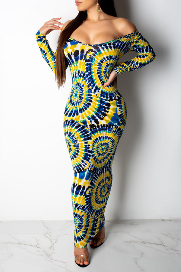 

Lovely Sweet Dew Shoulder Printed Multicolor Ankle Length Dress