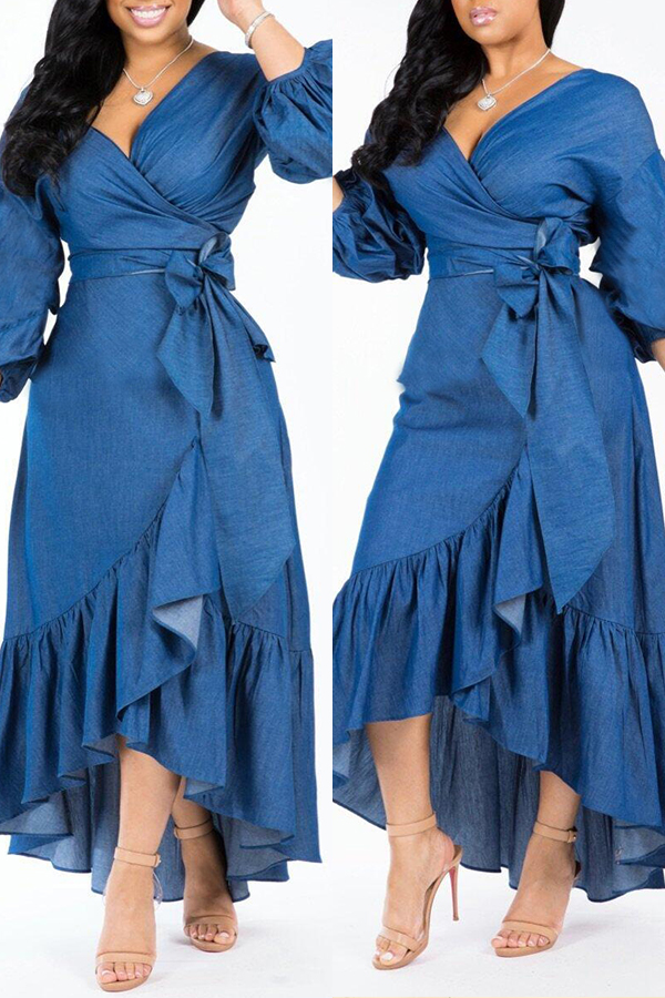 Lovely Trendy Asymmetrical Dark Blue Denim Mid Calf Dress_Dresses