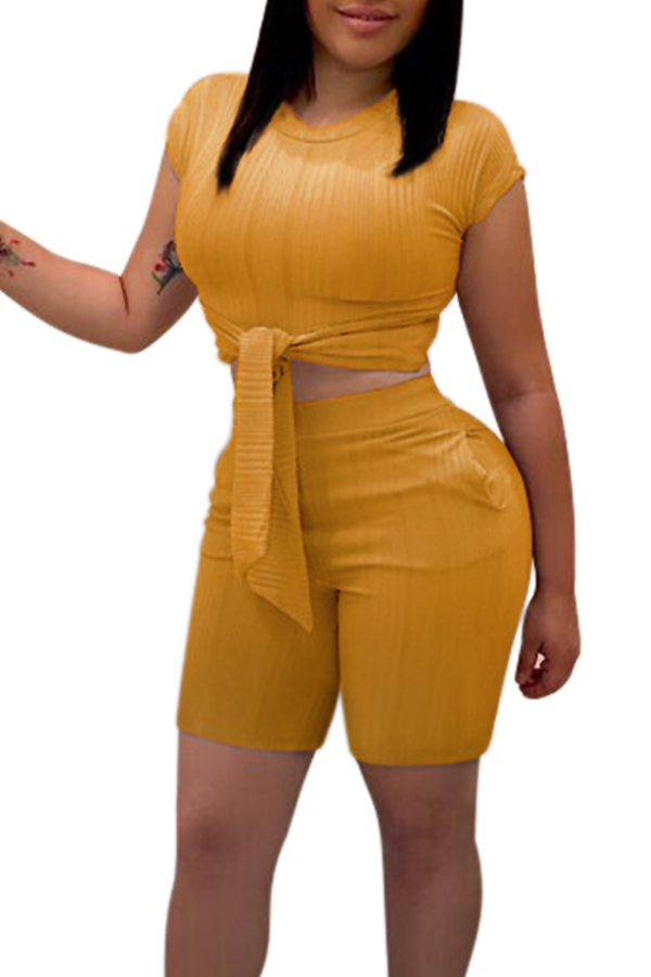 

Lovely Work Knot Design Yellow Cotton Two-piece Shorts Set