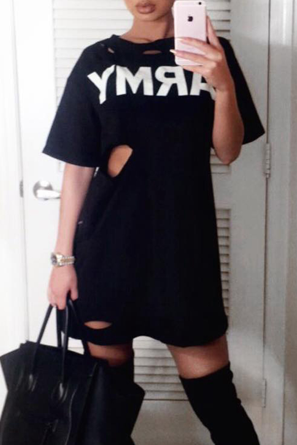 

Lovely Casual Broken Holes Black Mini Dress