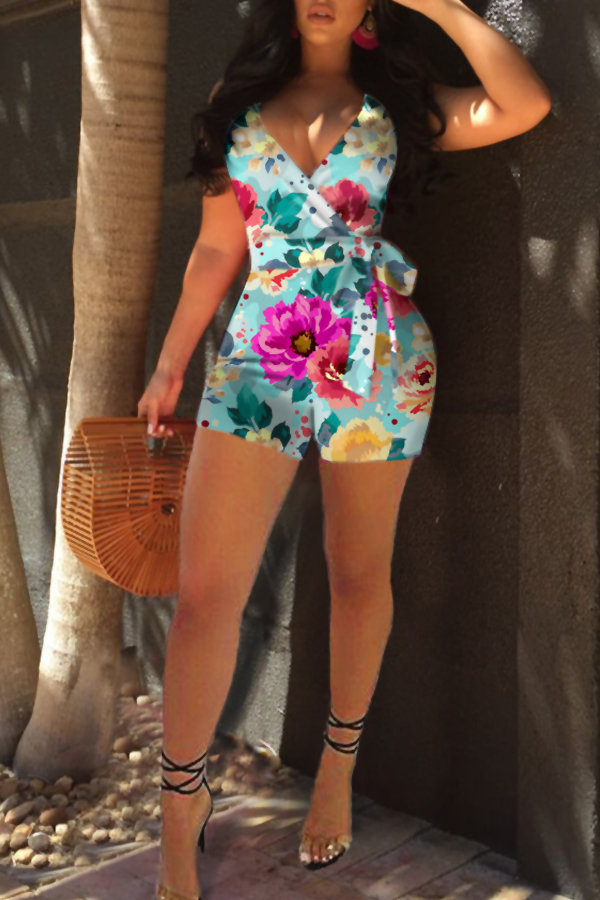 

Lovely Bohemian Floral Printed Cyan One-piece Romper