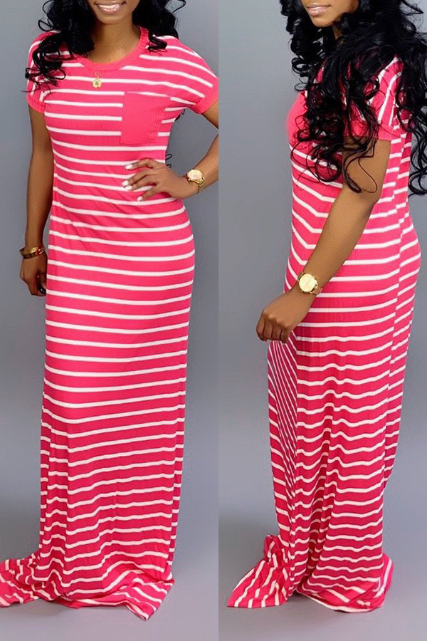 Lovely Casual Striped Rose Red Floor Length Maxi Dress