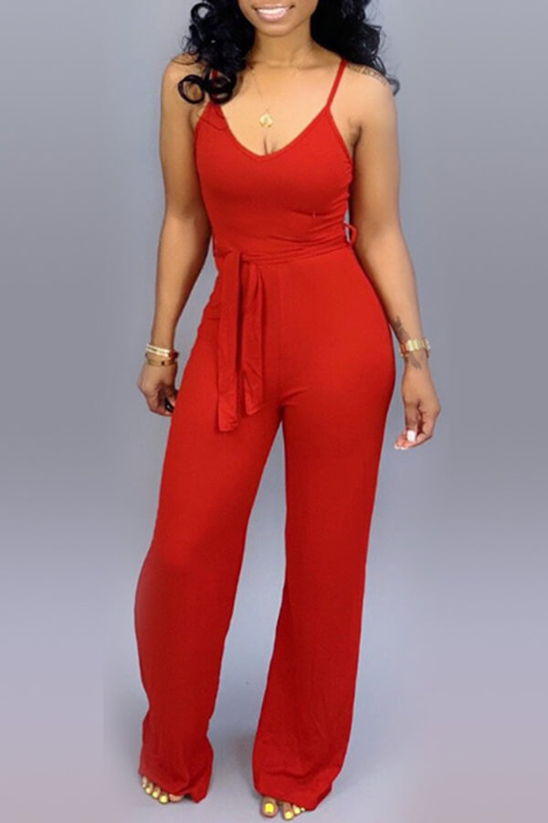 

Lovely Casual Lace-up Red One-piece Jumpsuit(With Elastic