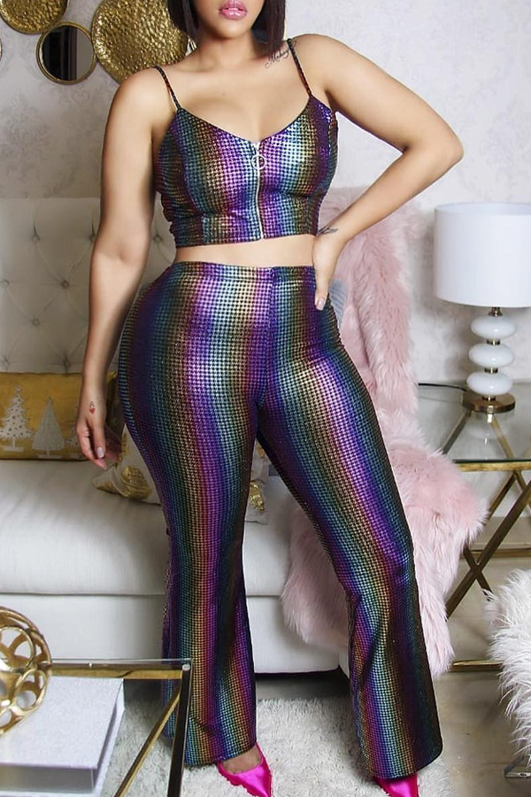 

Lovely Sexy Spaghetti Strap Zipper Design Two-piece Pants Set