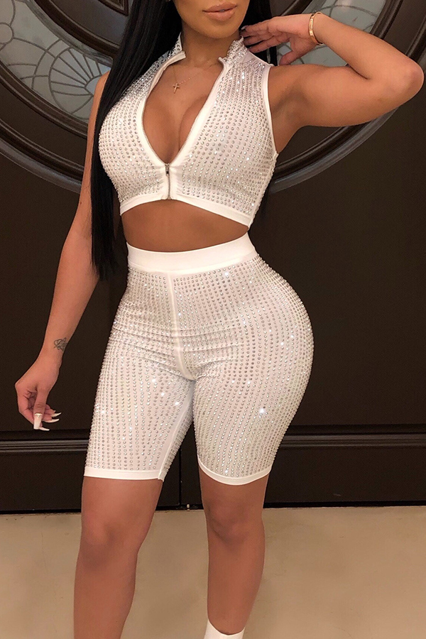 

Lovely White Rhinestone Decoration Two-piece Shorts Set