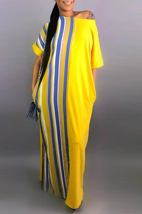 

Lovely Casual Striped Ankle Length Dress(With Elastic, Yellow