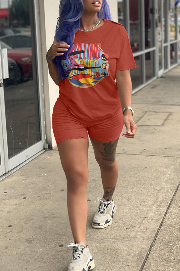 

Lovely Casual Letters Printed Brick Red Two-piece Shorts Set
