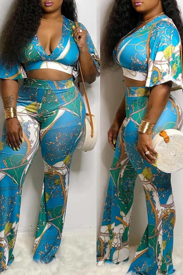 

Lovely Sexy Half Sleeve Printed Blue Two-piece Pants Set