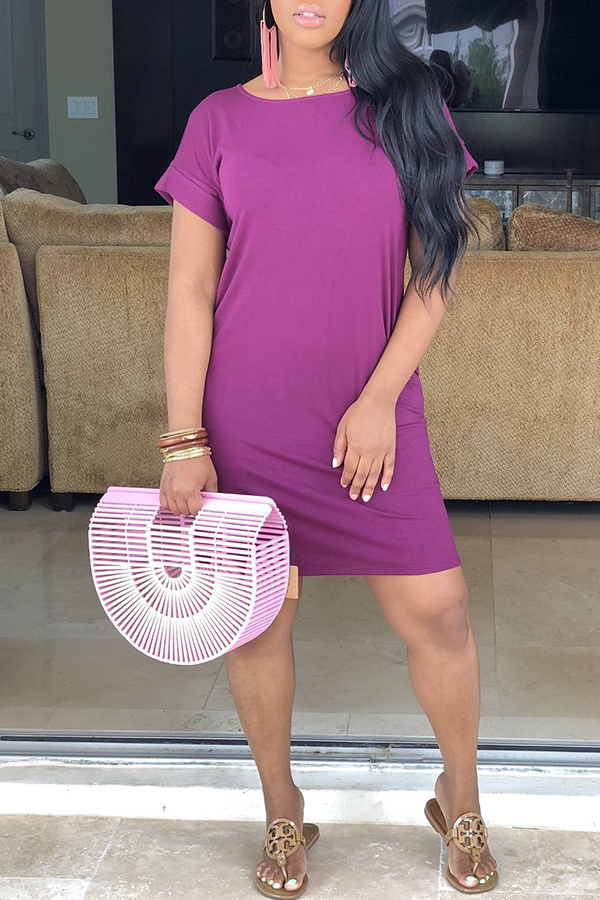 

Lovely Casual Short Sleeve Purple Dress(With Elastic)
