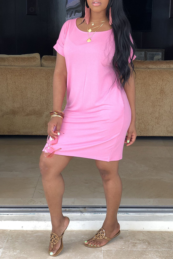 

Lovely Casual Short Sleeve Pink Dress(With Elastic)
