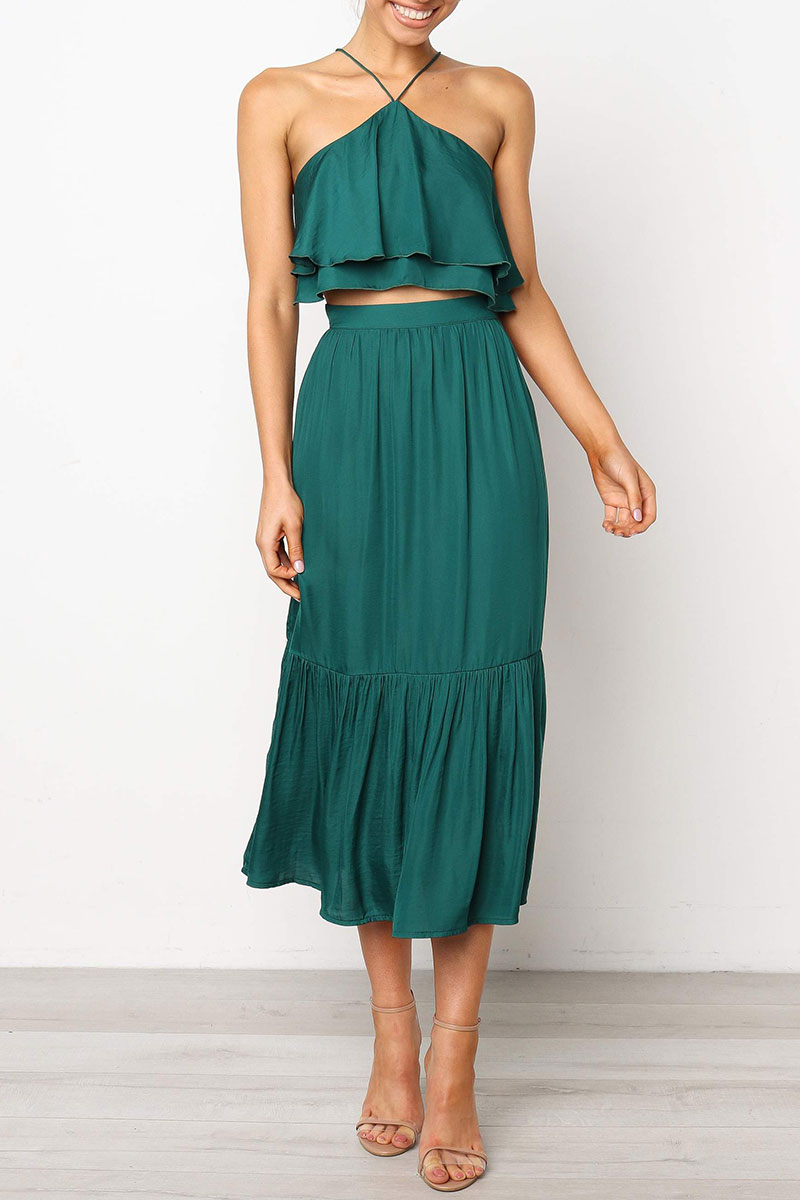 

lovely Halter Neck Ruffle Design Two-piece Skirt Set, Green