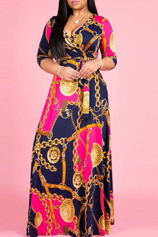 

Lovely Stylish Short Sleeve Chain Printing Rose Red Ankle Length Dress(With Elastic)