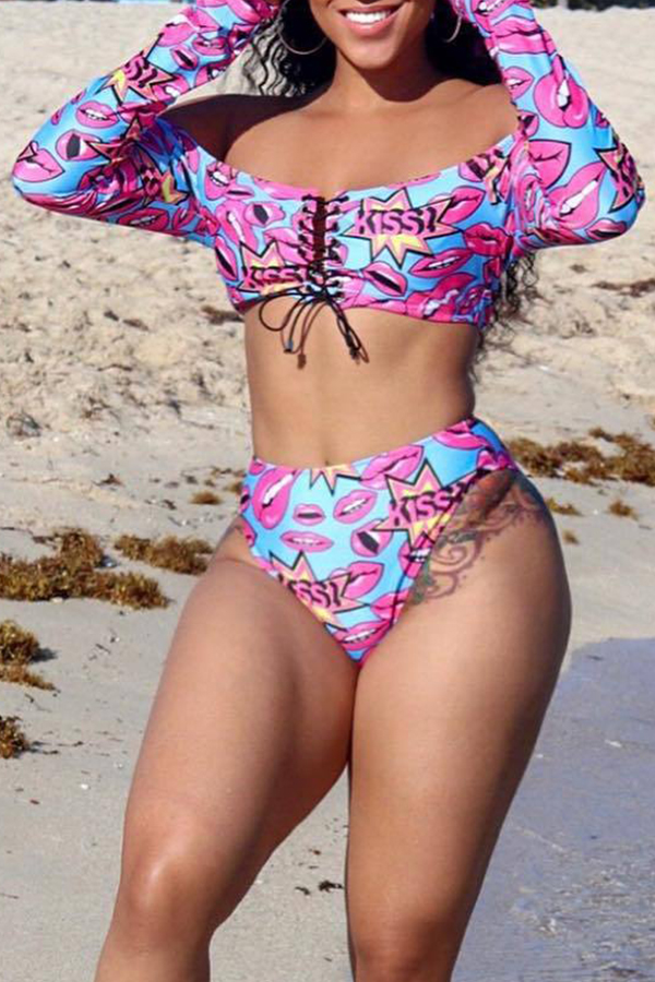 

Lovely Print Hollow-out Light Pink Two-piece Swimwear