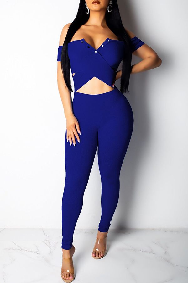 

Lovely Sexy Hollow-out Blue Jumpsuit(With Elastic