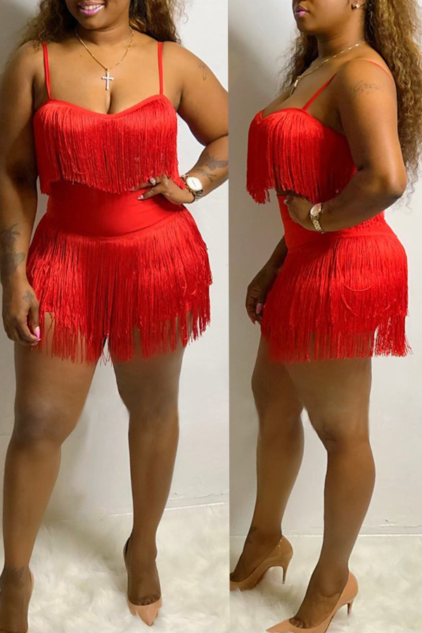 

Lovely Sexy Tassel Design Red Two-pieces Shorts Set