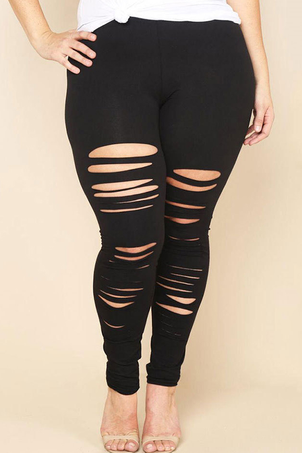Lovely Plussize Broken Holes Black Leggings_Plus Size Leggings_Plus