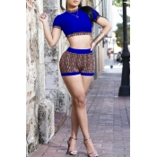 Lovely Casual Printed Blue Knitting Two-piece Shor