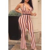 Lovely Sexy Backless Striped Orange Red One-piece 