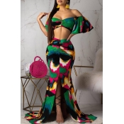 Lovely Sweet Side Slit Green Two-piece Skirt Set