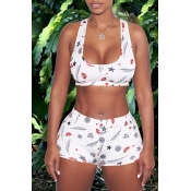 Lovely Casual Printed White Two-piece Shorts Set