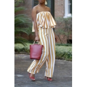 Lovely Casual Dew Shoulder Striped Yellow Blending