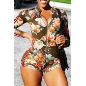 Lovely Casual Floral Printed Multicolor One-piece 