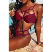 Lovely Sexy Hollowed-out Wine Red Two-piece Swimwe