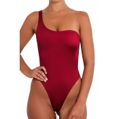 Lovely Sexy One Shoulder Wine Red One-piece Swimwe