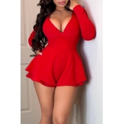 Lovely Casual Ruffle Design Red One-piece Rompers