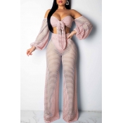 Lovely Sexy Hollowed-out Light Pink Two-piece Pant