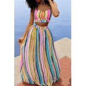 Lovely Trendy Striped Sleeveless Yellow Two-piece 