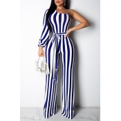 Lovely Casual Dew Shoulder Blue One-piece Jumpsuit