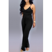 Lovely Casual Lace-up Black One-piece Jumpsuit(Wit