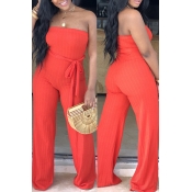 Lovely Simple Style Striped Lace-up Red Jumpsuit(W